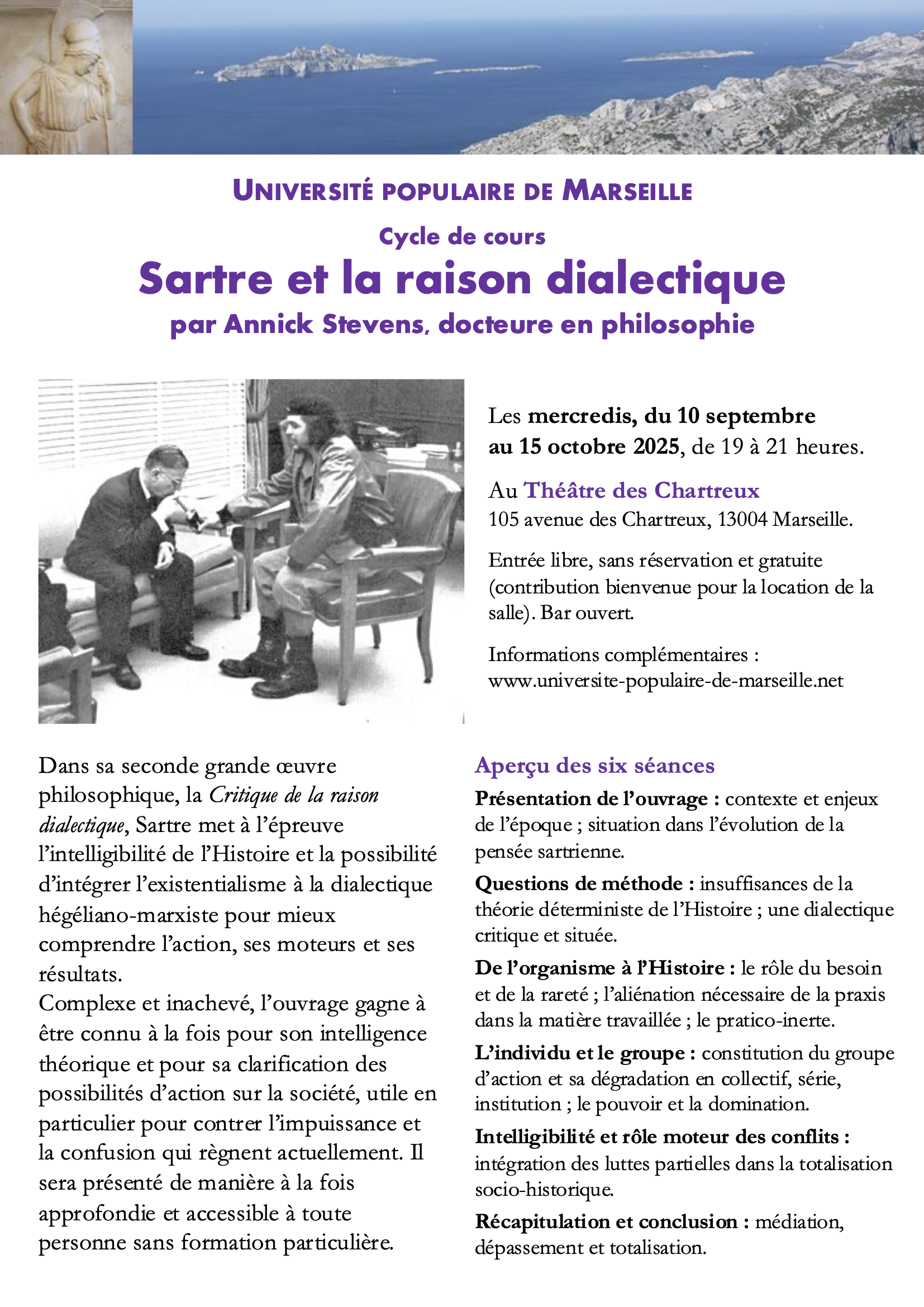 Affiche du cours Sartre et la raison dialectique, par Annick Stevens, septembre-octobre 2025